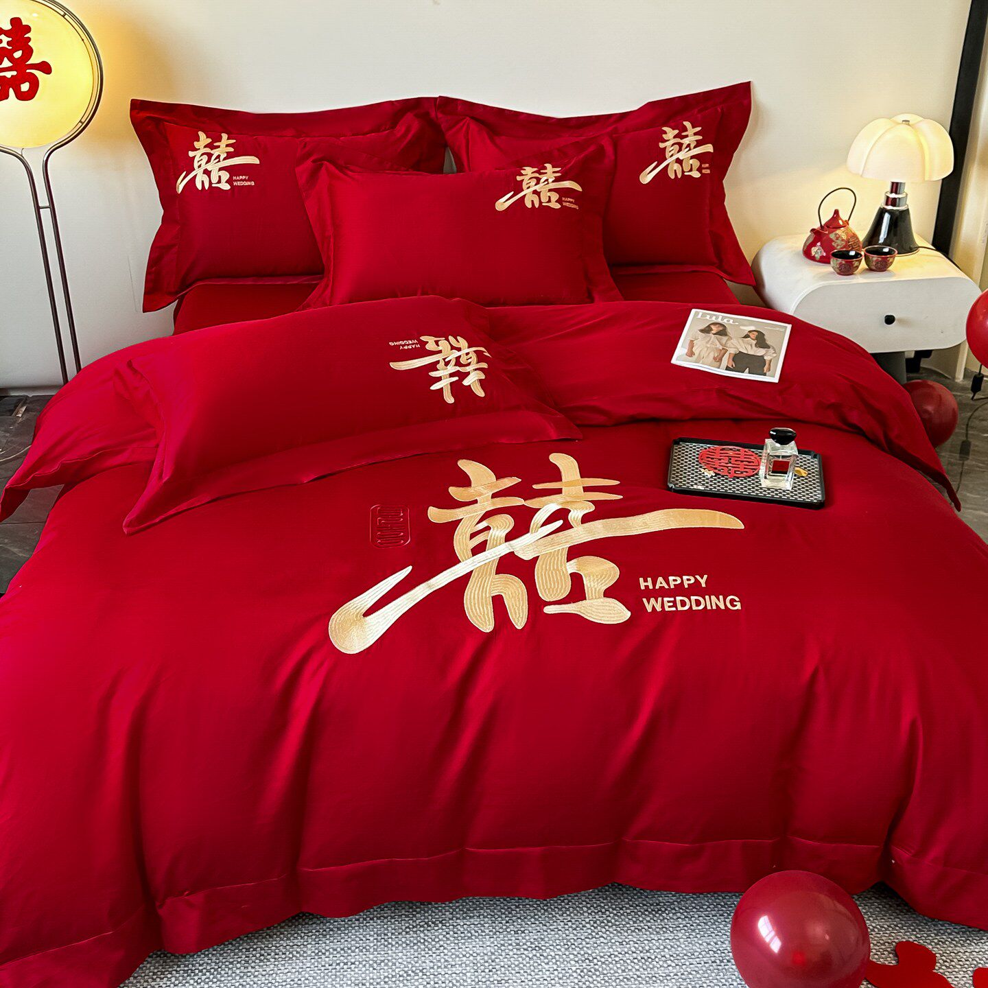 高档简约大红结婚四件套婚庆纯棉喜被陪嫁被套新婚嫁备婚床上用品