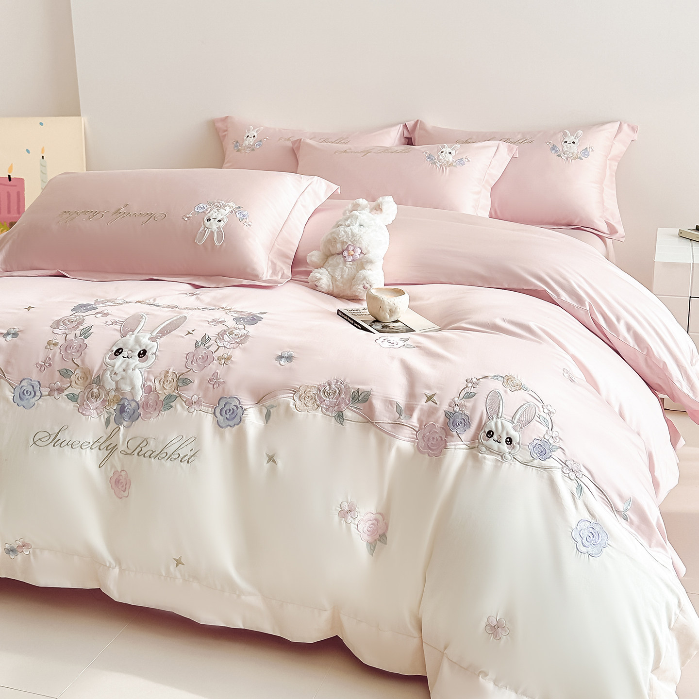 卡通兔子100S纯棉四件套全棉被套女孩儿童三件套公主风少女心床品