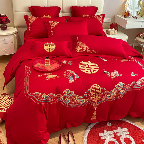百子图刺绣高档纯棉结婚四件套