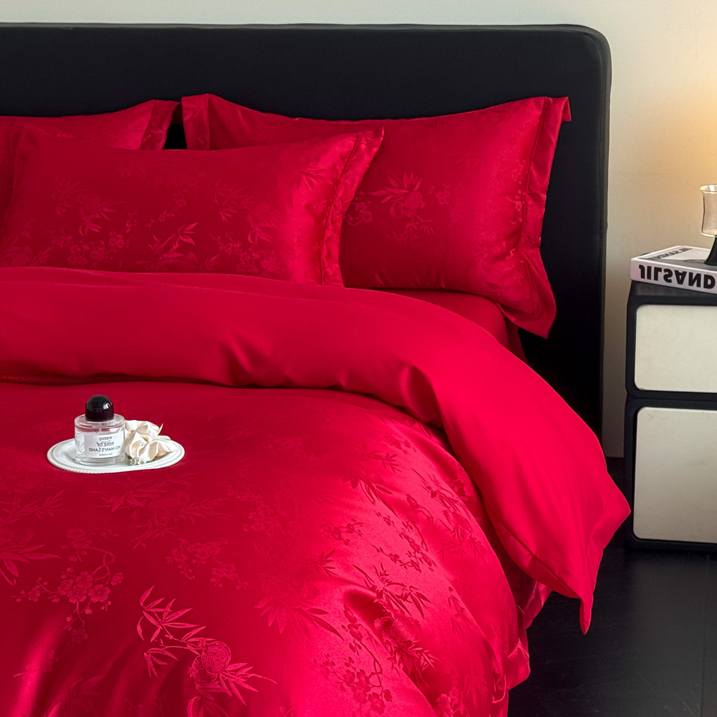 高档提花婚庆四件套红色结婚喜被套床单床笠新婚婚礼床上用品陪嫁