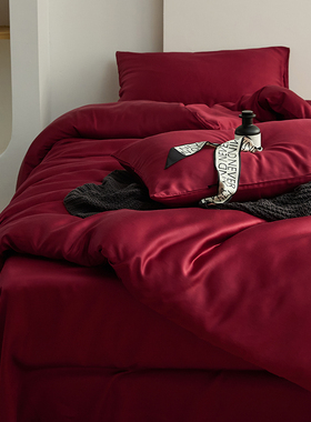 夏季高级感酒红色100支天丝四件套结婚喜被冰丝床笠婚庆床上用品