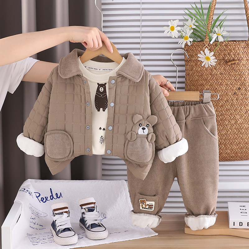 儿童冬装1-2-3岁男宝宝加绒套装小童可爱加厚三件套婴儿冬季衣服4