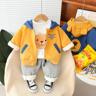 儿童深秋初冬装男宝宝加绒连帽外套三件套小童卡通一体绒套装婴儿