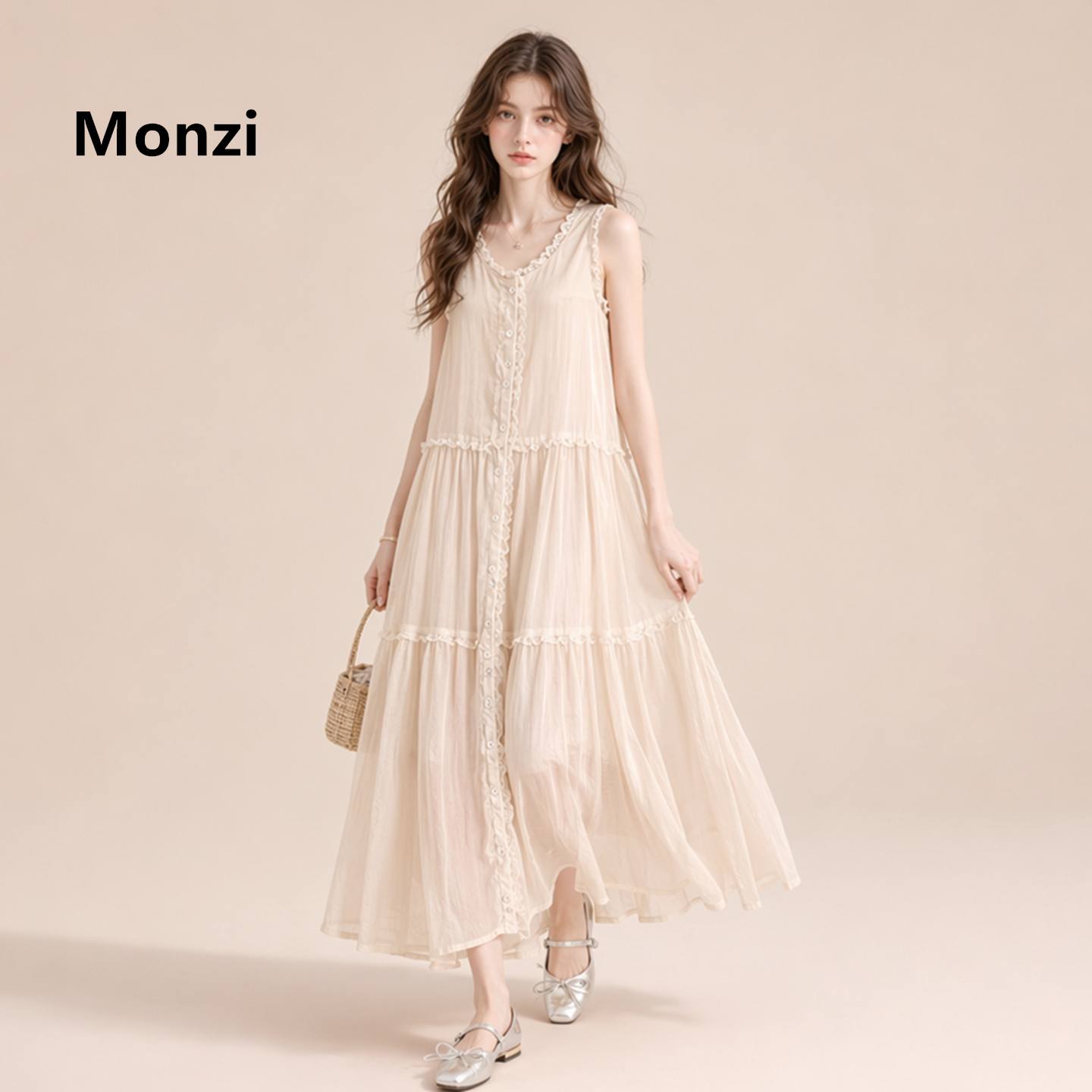 Monzi 裸粉色木耳边拼接无袖连衣裙女夏季新款超仙浪漫度假风长裙