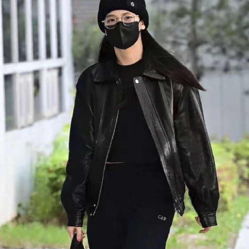 外单高级男友风皮衣外套女2024秋冬中长袖宽松真绵羊皮机车皮夹克