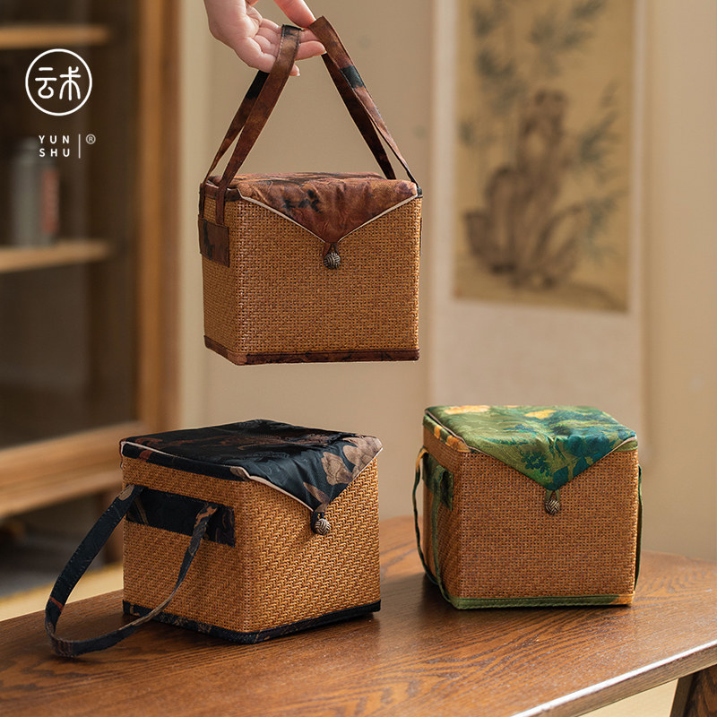 云术香云纱藤编布艺茶事包茶具收纳包手工茶器复古收纳茶杯袋茶包