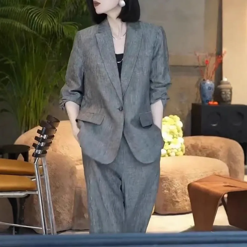 25179大爱美依缘春季新款时髦灰色高级感西服外套阔腿裤套装