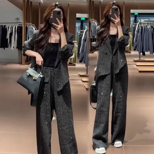 2915大码女装小香风洋气显瘦西服外套套装胖mm烫钻阔腿裤两件套