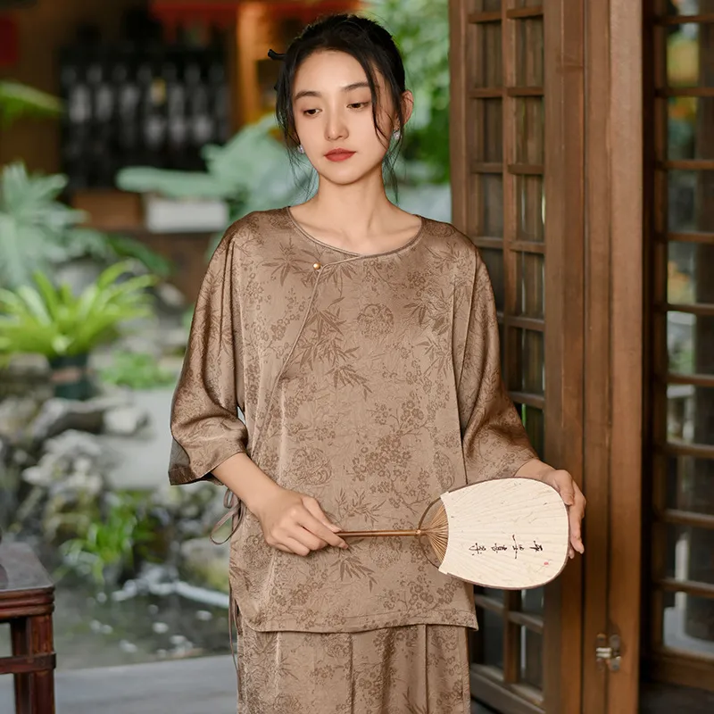 复古国风提花七分袖短外套女显瘦