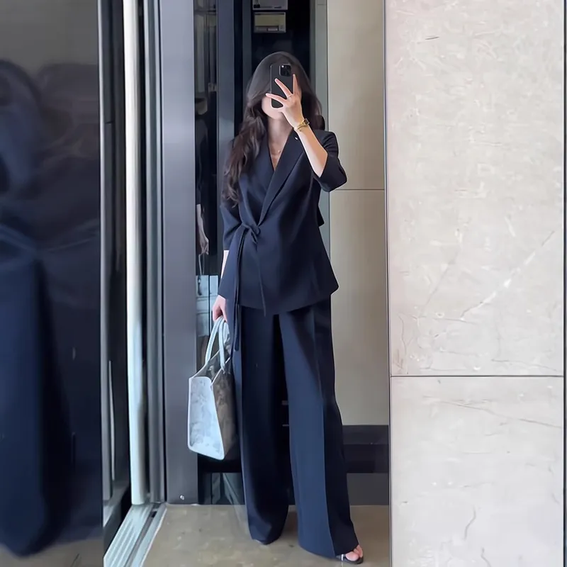2730春装新款大码女装职业修身西装套装胖mm干练气质阔腿两件套