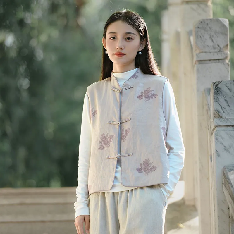 新中式女装秋季新款印花亚麻马甲女外穿中国风复古背心