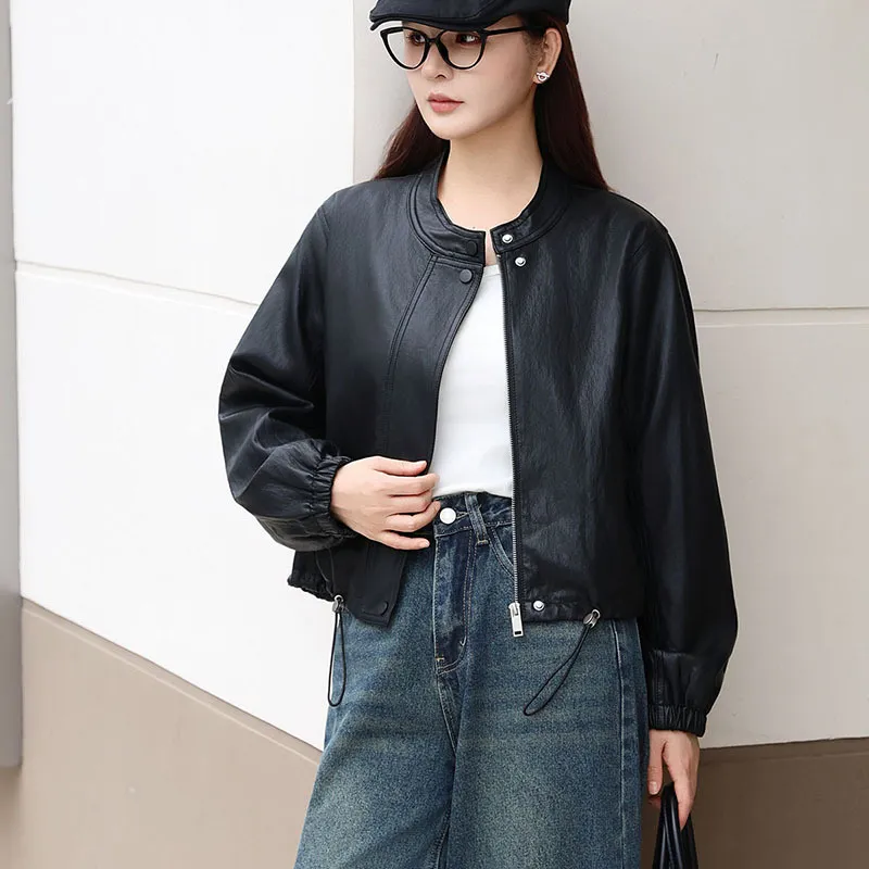 左言右语短款机车风PU皮衣女