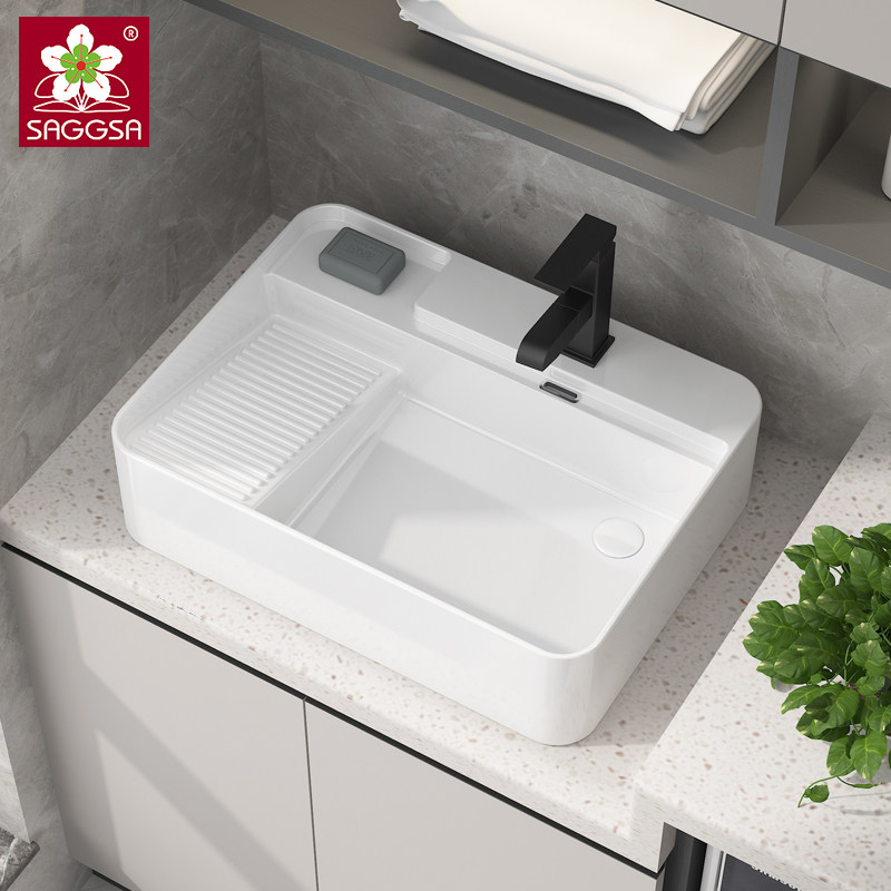 SAGGSA台上盆阳台洗衣盆带搓衣板卫生间陶瓷洗衣池侧下水洗衣台盆