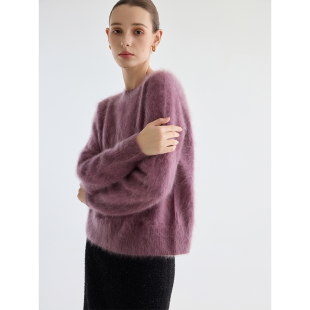 masbello罕山白羊绒拉毛无缝圆领拉绒雾感毛衣女宽松慵懒风秋冬