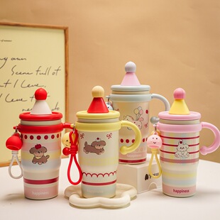 小红帽卡通保温杯女高颜值吸管水杯学生ins新款提绳便携手柄杯子