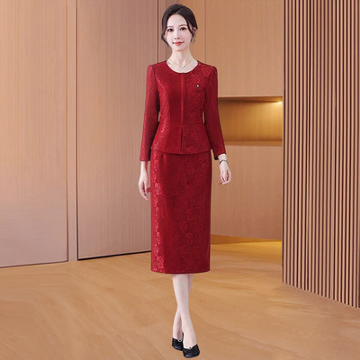 喜婆婆婚宴装礼服假两件套装小个子大方得体长袖连衣裙女春秋妈妈