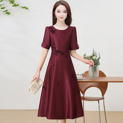 喜婆婆婚宴装酒红色连衣裙女秋冬高贵妈妈装礼服年轻洋气平时可穿