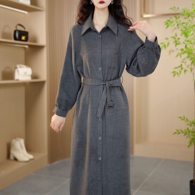 连衣裙2025新款今年流行爆款秋时尚休闲气质显瘦减龄长袖女装灰色