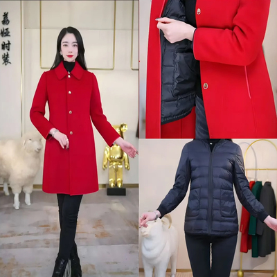 可拆卸羽绒服内胆羊毛呢大衣女秋冬2025新款高级感中长款妈妈红色