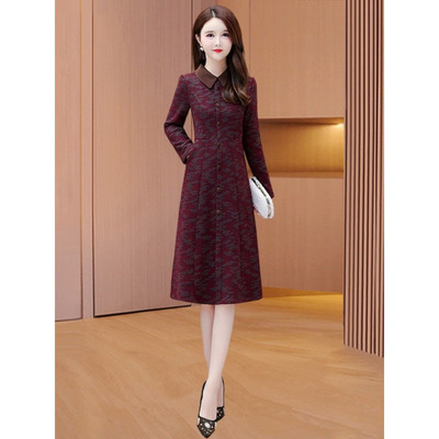 高端品牌气质广州十三行加厚毛呢打底连衣裙子女入秋冬款洋气妈妈