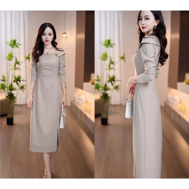 连衣裙2025新款今年流行爆款秋燕麦色斜交领精致优雅大气收腰显瘦