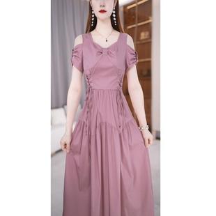 连衣裙2026新款今年流行爆款夏季新款纯色露肩轻薄通勤中长款女装