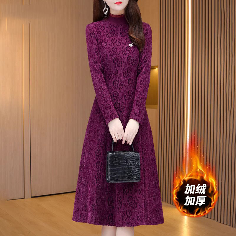 高端气质广州十三行加绒加厚蕾丝内搭打底连衣裙秋冬2025新款妈妈,女装/女士精品,连衣裙,淘宝优惠券,粉丝福利购,淘宝优惠卷