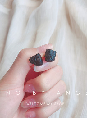 925纯银手工防过敏天然黑碧玺原石碎石耳钉耳环陨石水晶石头耳钉