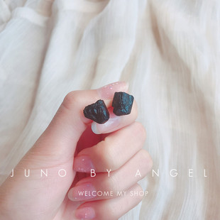 925纯银手工防过敏天然黑碧玺原石碎石耳钉耳环陨石水晶石头耳钉