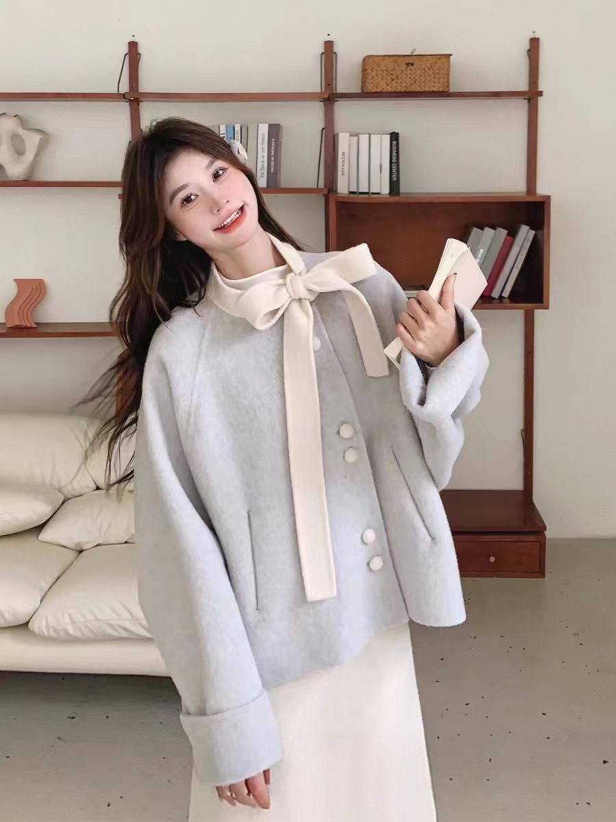 小清新蓝色纯羊毛双面毛呢外套女秋冬季设计感别致圆领呢子上衣