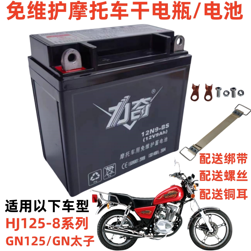 适用于豪爵GN太子HJ125-8男士摩托车免维护蓄电池12V9A干电瓶全新