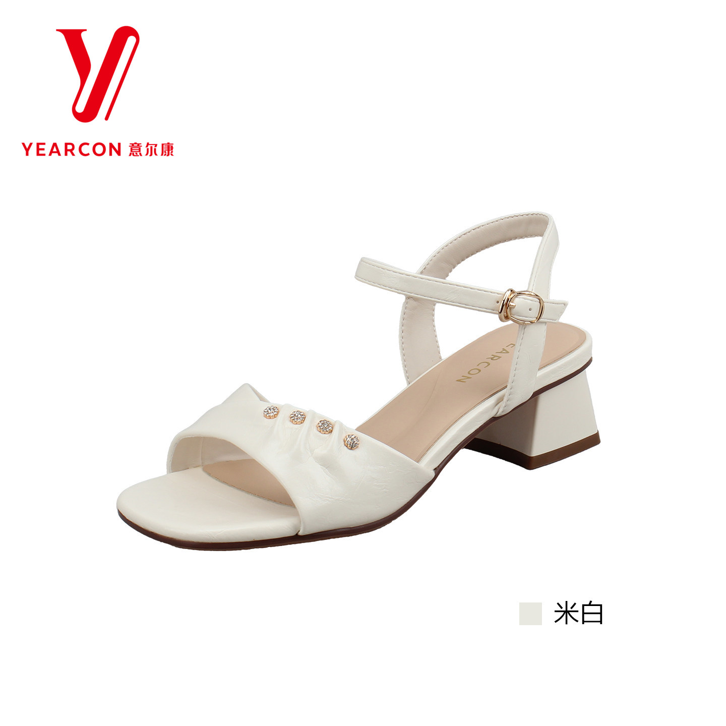 意尔康夏季一字带粗跟铆钉凉鞋