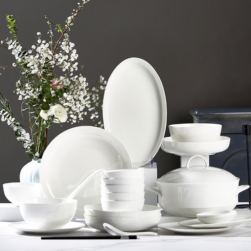 景恒陶瓷碗碟套装家用骨瓷餐具组合新款中式纯白色釉下彩碗筷盘子
