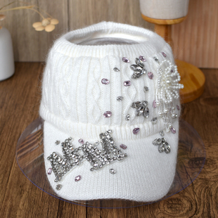 原创手工带钻花朵女士鸭舌帽兔毛毛线帽冬季滑雪帽白色针织空顶帽