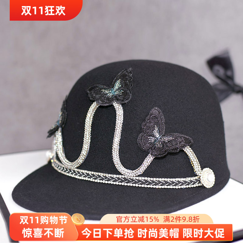 秋冬新款复古马术帽黑色羊毛呢礼帽蝴蝶蕾丝水钻休闲韩国毡帽女帽