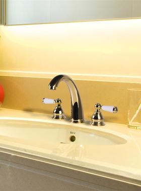 狮林双把三孔面盆水龙头分体式冷热全铜洗脸盆洗手池台盆龙头欧式