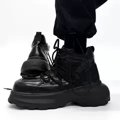 All-Black High-Top Sneakers for Men, Black Warrior Sports Dad Shoes, Thick-Soled Height-Increasing British Niche Workwear Martin Boots, Trendy
