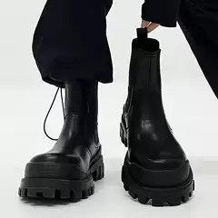 British Style Black High-End Chelsea Boots for Men, Trendy Paris Thick-Soled Martin Boots, Height-Increasing Genuine Leather Mid-Top Chimney Boots