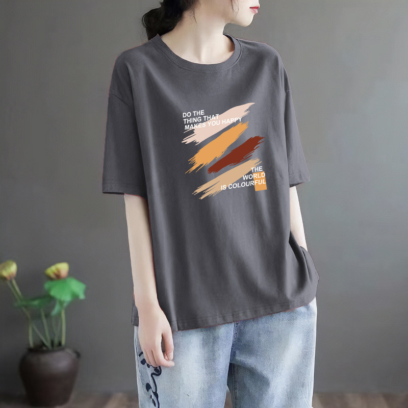 夏纯棉印花短袖女装休闲显瘦上衣