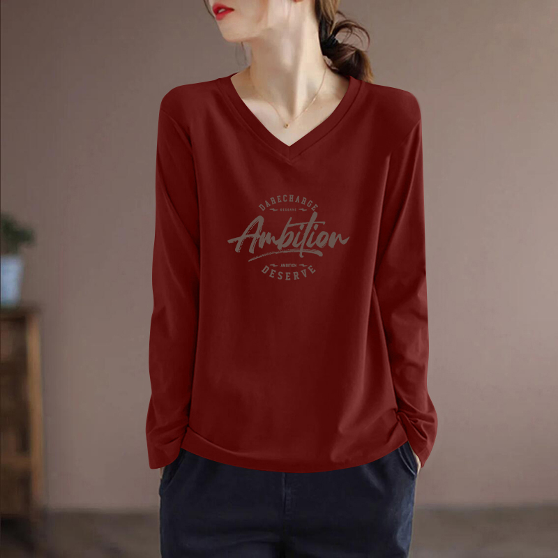 纯棉时尚印花V领长袖t恤女