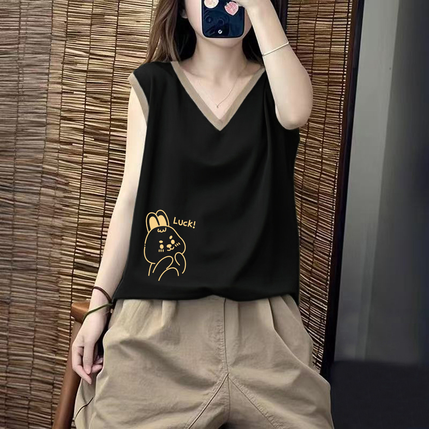 100%纯棉V领无袖t恤女上衣