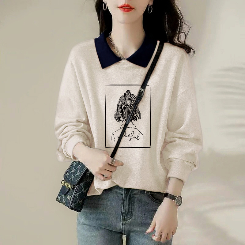 纯棉POLO领印花长袖卫衣女