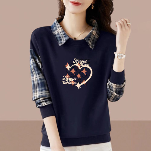 纯棉POLO领拼接长袖卫衣女