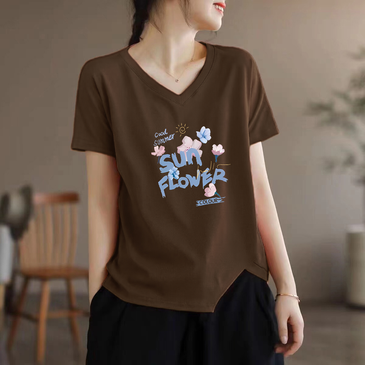 女装100%纯棉短袖V领T恤夏