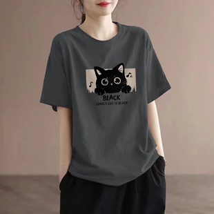 印花T恤女夏休闲显瘦圆领宽松体恤上衣 外贸出口大牌100%纯棉短袖