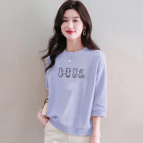 100%纯棉七分袖T恤女夏新款