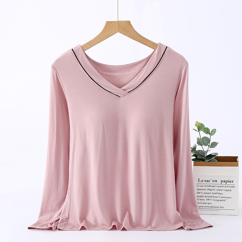 여성용 모달패딩 긴팔 티셔츠 브라프리 브이넥 파자마 홈웨어 상의 캐주얼 가을 야외에서도 착용 가능