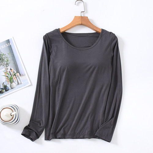 莫代尔女士带罩杯长袖圆领t恤薄款春夏季休闲睡衣家居服可外穿冬