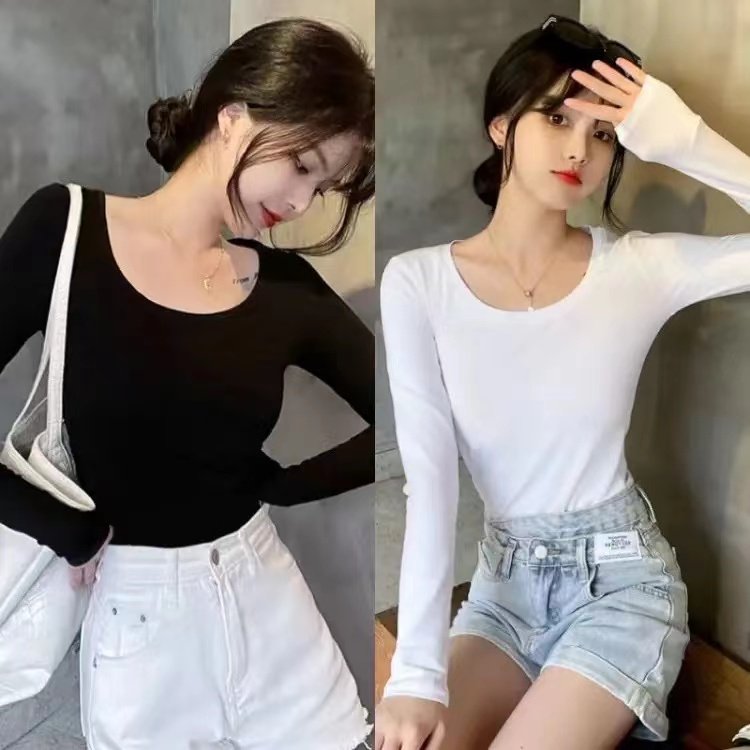 白色t恤女长袖修身2025新款夏季韩版紧身体恤黑色打底衫显瘦上衣