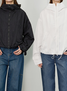 FOR DEMI徒步短款连帽冲锋衣服女春秋独特精致设计感小众外套黑色